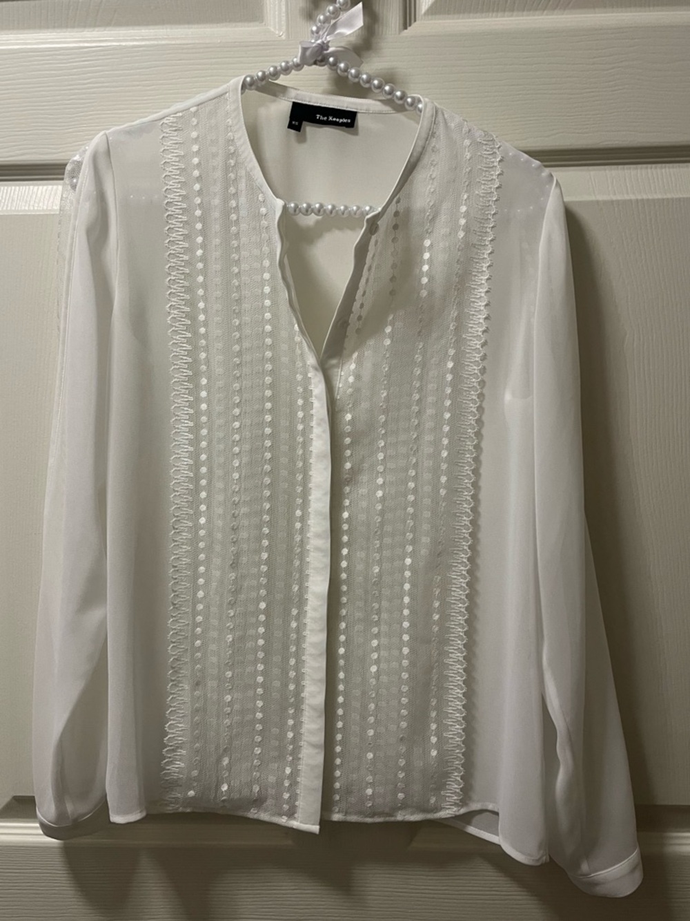 The Kooples Women’s White Sheer Embellished Blouse Slit Sleeve with inset. SZ XS